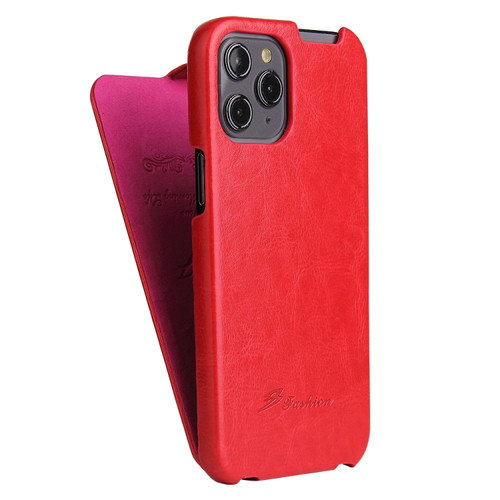 iPhone 12 / 12 Pro Fierre Shann Retro Oil Wax Texture Vertical Flip PU Leather Case - Red